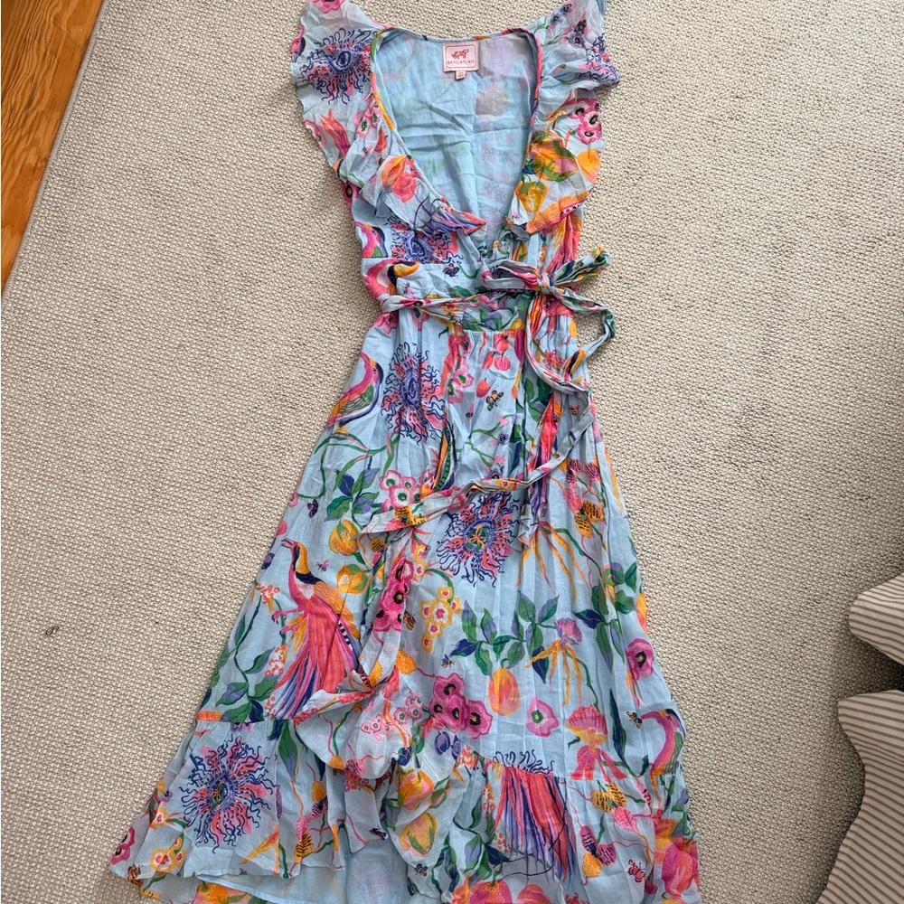 Banjanan Light Blue Floral & Bird Wrap Maxi Dress XS